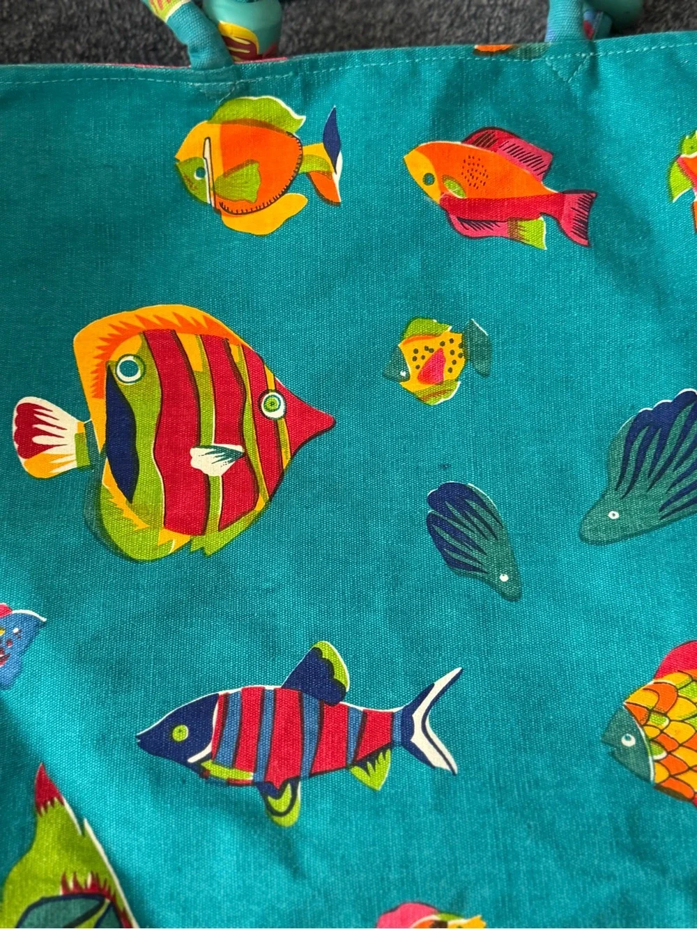 Vintage Tropical Fish Print Canvas Tote Bag with Wooden Bead Accents